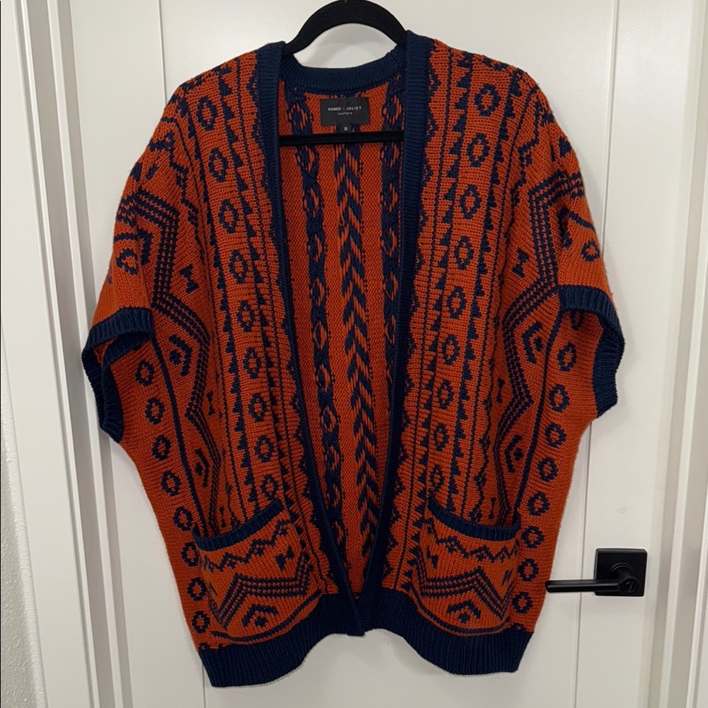 Romeo and Juliet Couture Sweater Shrug Poncho Orange and Blue Size M Tribal